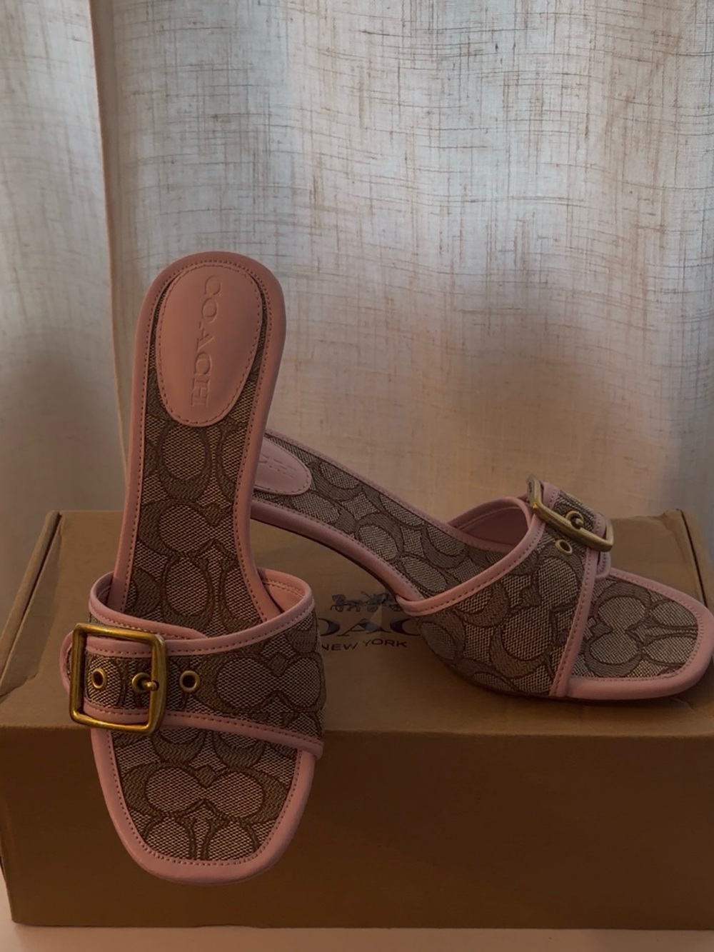 Coach Pink Trim Signature Canvas Slide Mules with Gold Buckle
